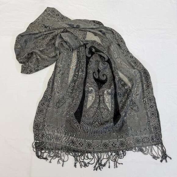 Black Beige Grey Long Rectangular Fringed Scarf Wrap Pashmina Unknown Brand - Picture 3 of 6